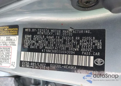 2005 Toyota Avalon Xls из США, поврежденный, VIN 4T1BK36B55U043094